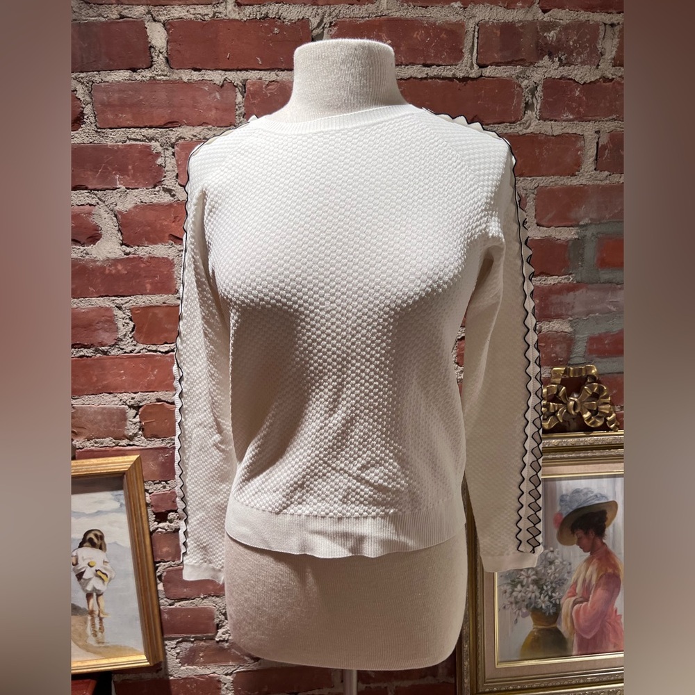 Elegant White/Cream Textured Women's Top With Black Sleeve Details And Cutouts